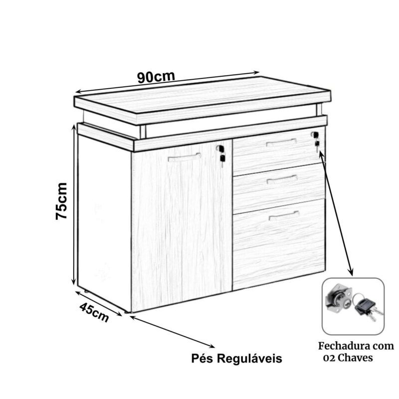 Mesa Escritório em “L” – 1,50×1,50m (Extensível) – com Armário Misto (03 Gav.) NOGAL/SEVILHA – 20603 Móveis Única Linha 40 mm 4