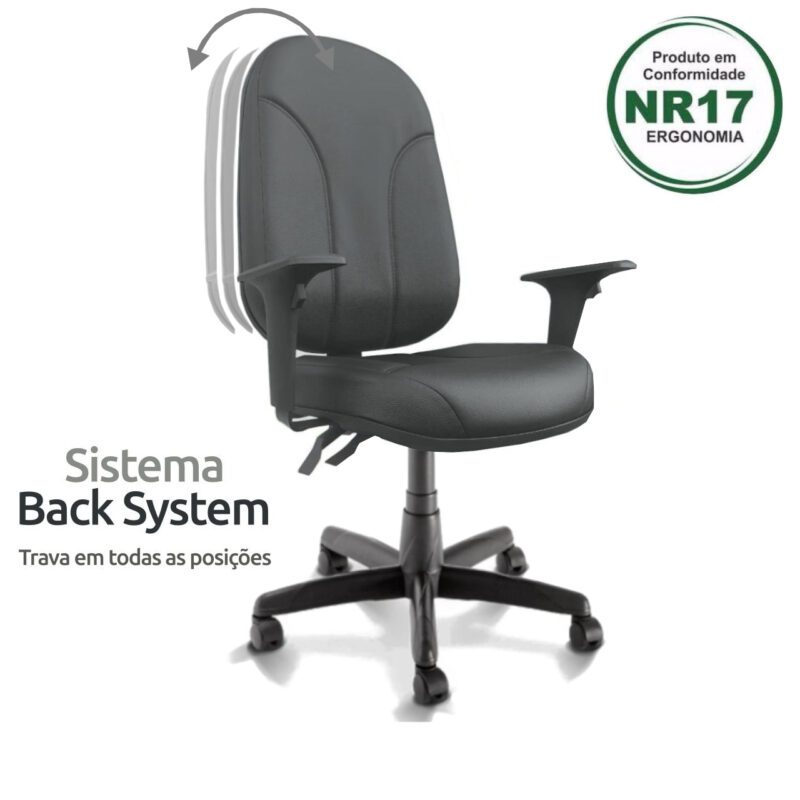 Cadeira Presidente PLUS BACK SYSTEM Baixa Costurada c/ Braços Reguláveis – Corino Preto 32974 Móveis Única Presidente 3