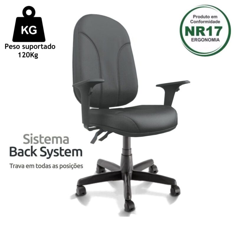 Cadeira Presidente PLUS BACK SYSTEM Baixa Costurada c/ Braços Reguláveis – Corino Preto 32974 Móveis Única Presidente 4