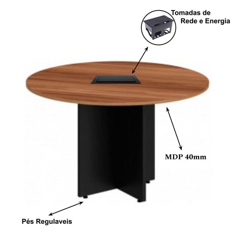 Mesa de Reunião Redonda c/ Caixa de Tomadas -1,10×1,10×0,74m – NOGAL SEVILHA / PRETO – 21418 Móveis Única Mesa de Reunião 3