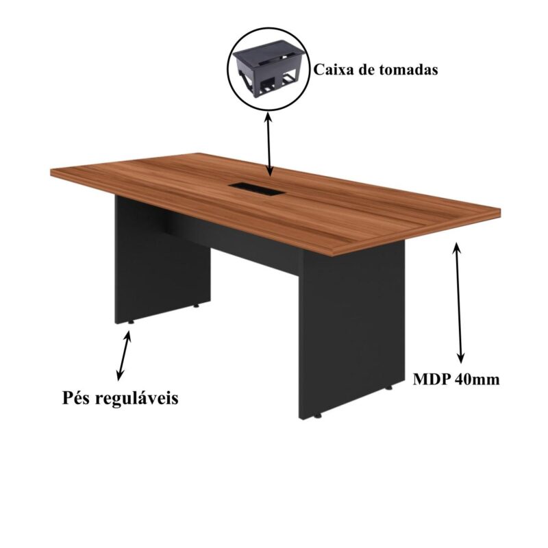 Mesa de Reunião 2,00×0,90m C/ Caixa de Tomada NOGAL SEVILHA/PRETO – 21403 Móveis Única Mesa de Reunião 4