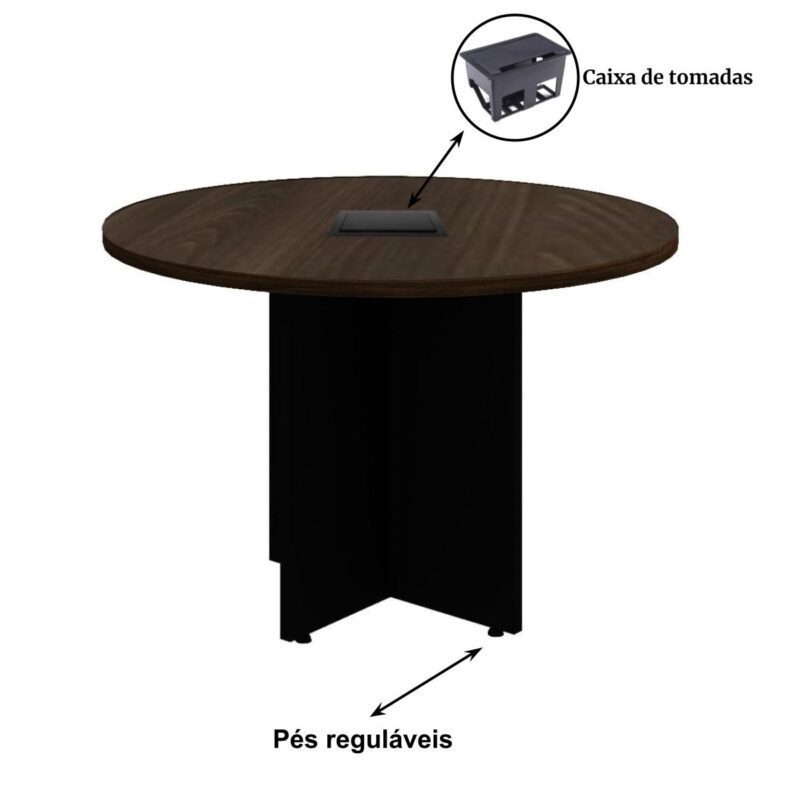 Mesa de Reunião Redonda c/ Caixa de Tomadas -1,10×1,10×0,74m – MARSALA/PRETO – 21440 Móveis Única Linha 30 mm 4