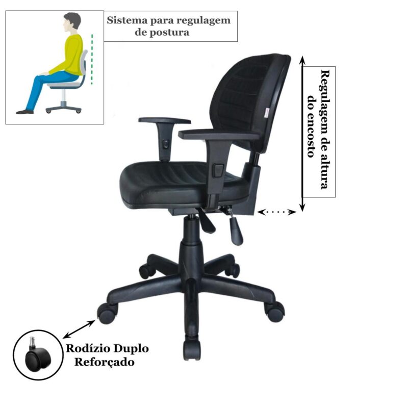 Cadeira Executiva Back System COSTURADA com Braços Reguláveis – Cor Preta – 31008 Móveis Única Executiva 3