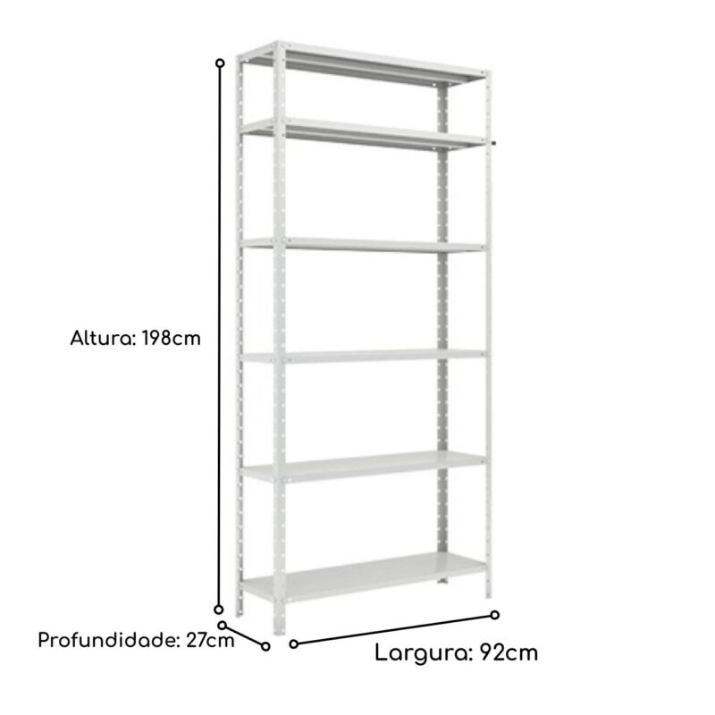 Estante de Aço com 06 Bandejas 27 cm (# 26/20) – 1,98×0,92×0,27m – W3 -16002 Móveis Única Estante de Aço 3