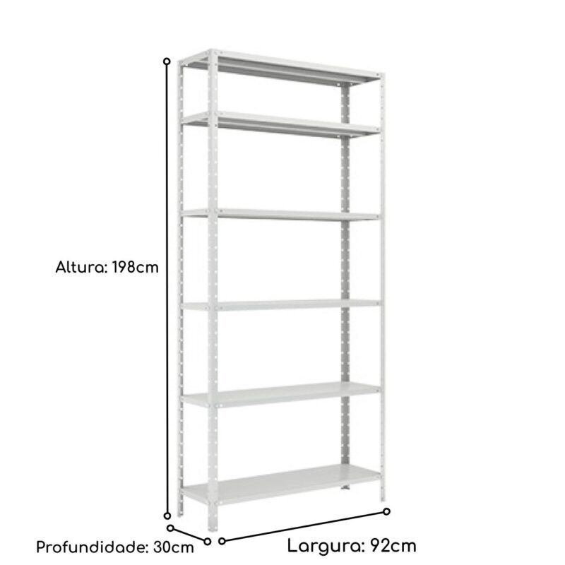 Estante de Aço com 06 Bandejas 30 cm (22/18) – 1,98×0,92×0,30m – Cinza – SA – 16015 Móveis Única Estante de Aço 3