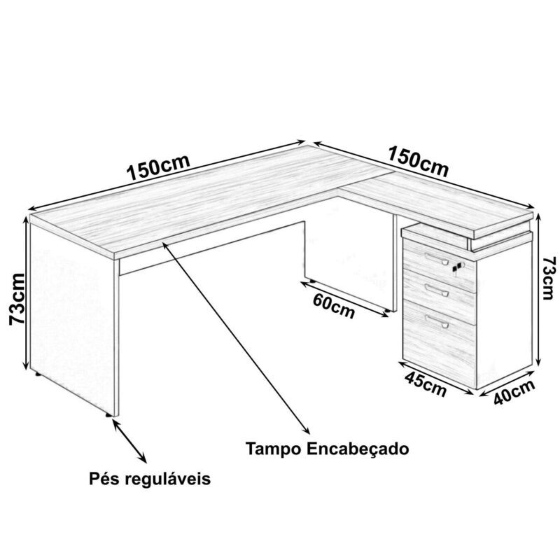 Mesa Escritório em “L” c/ Gaveteiro 1,50×1,50m MARSALA/PRETO – 23480 Móveis Única Linha 30 mm 4