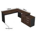 Mesa Escritório em “L” – 1,50×1,50m (Extensível) – com Armário Misto (03 Gav.) MARSALA/PRETO – 23482 Móveis Única Linha 30 mm 9