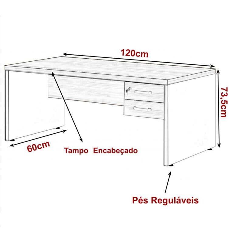 Mesa Escritório 1,20×0,60m – C/ 02 Gavetas MARSALA / PRETO – 23471 Móveis Única Linha 30 mm 3