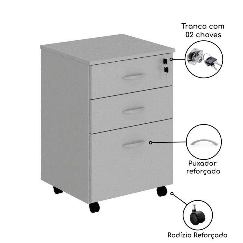 Gaveteiro Volante 03 Gav. 0,67×0,46×0,40m – Cor Cinza 21210 Móveis Única Linha 15 mm 4
