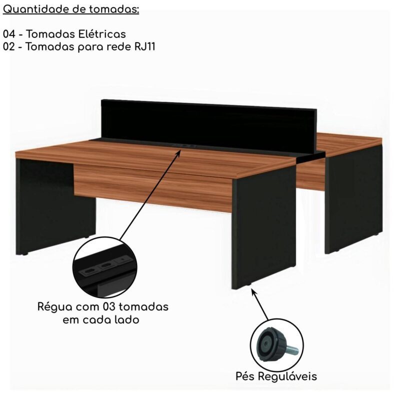 Estação de Trabalho Dupla 1,50×1,35m 02 Lugares s/ Gavetas c/ ponto de tomada Nogal Sevilha – 63087 Móveis Única Linha 40 mm 4