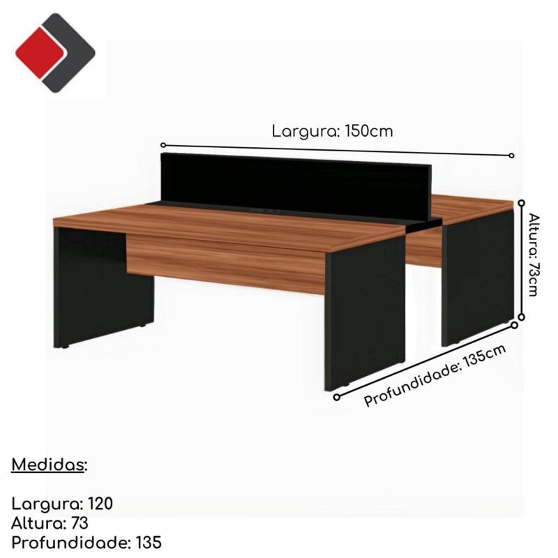 Estação de Trabalho Dupla 1,50×1,35m 02 Lugares s/ Gavetas c/ ponto de tomada Nogal Sevilha – 63087 Móveis Única Linha 40 mm 6