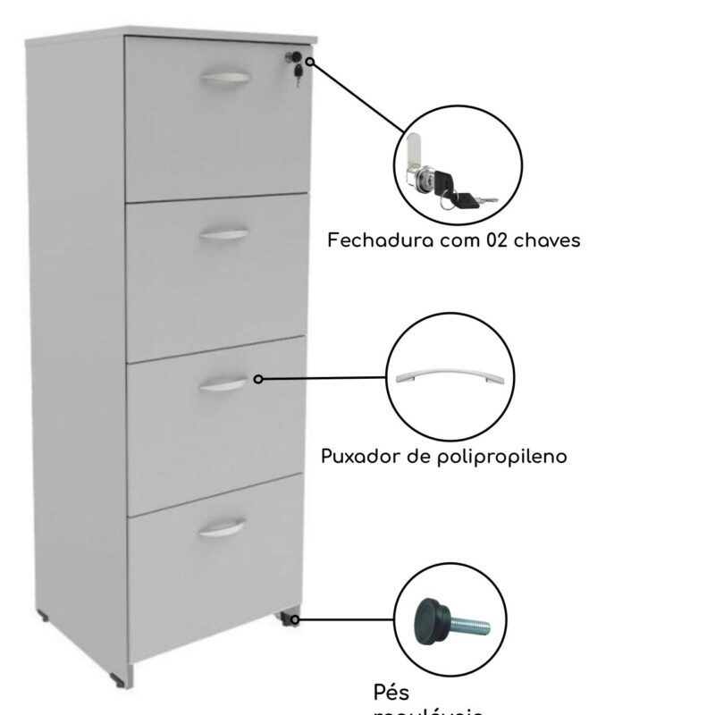 Arquivo 04 Gavetas Pasta Suspensa – MDP – 1,32×0,46×0,42m CINZA/CINZA – 21211 Móveis Única Linha 15 mm 4