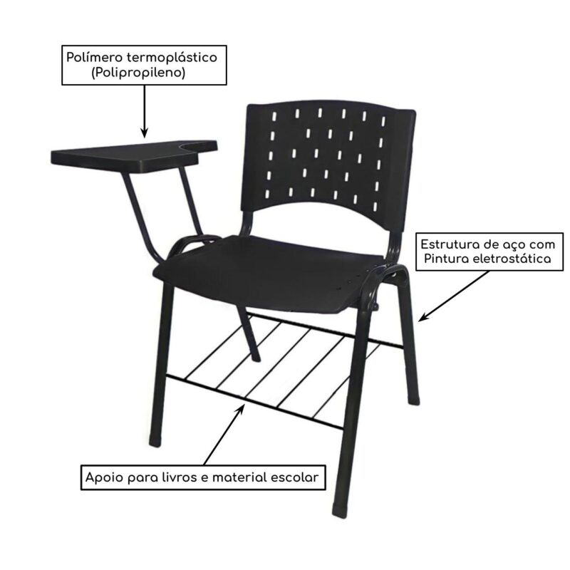 Cadeira Universitária c/ Porta Livros – Prancheta Plástica – Cor Preto 32013 Móveis Única Carteira Escolar 3