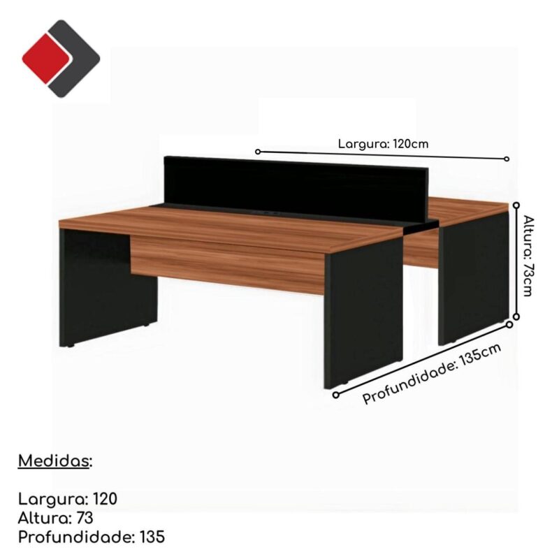 Estação de Trabalho Dupla 1,20×1,35m 02 Lugares s/ Gavetas c/ ponto de tomada Nogal Sevilha – 63085 Móveis Única Linha 40 mm 4