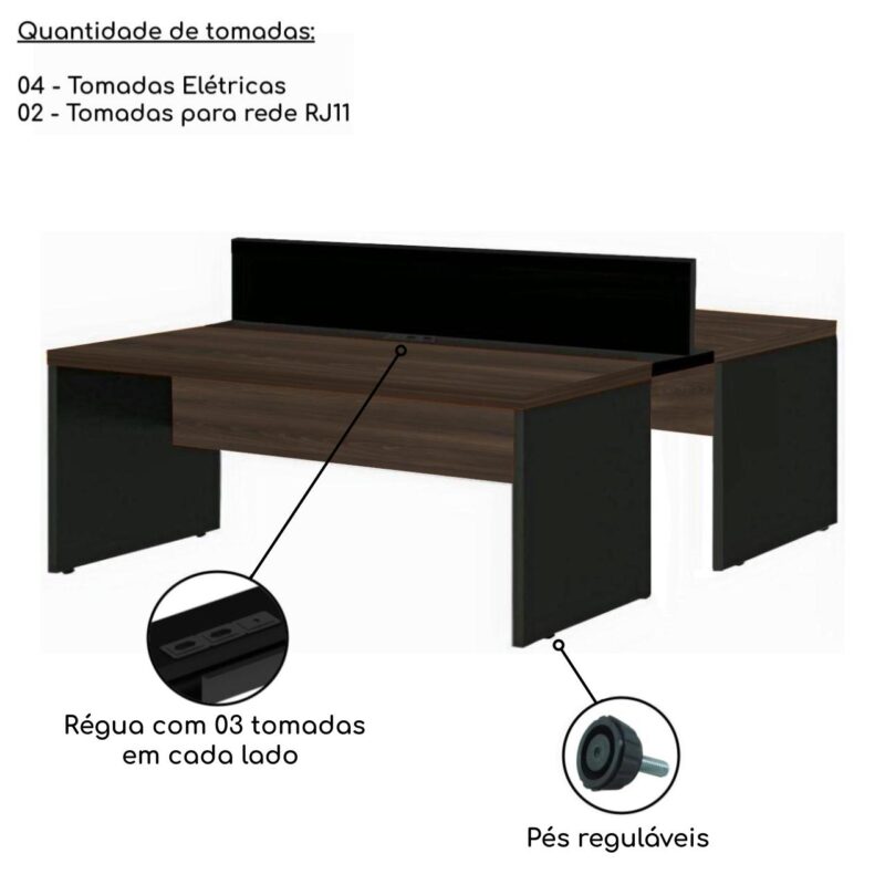 Estação de Trabalho Dupla 1,20×1,35m 02 Lugares S/ Gavetas c/ ponto de tomada MARSALA/PRETO – 63089 Móveis Única Linha 30 mm 5