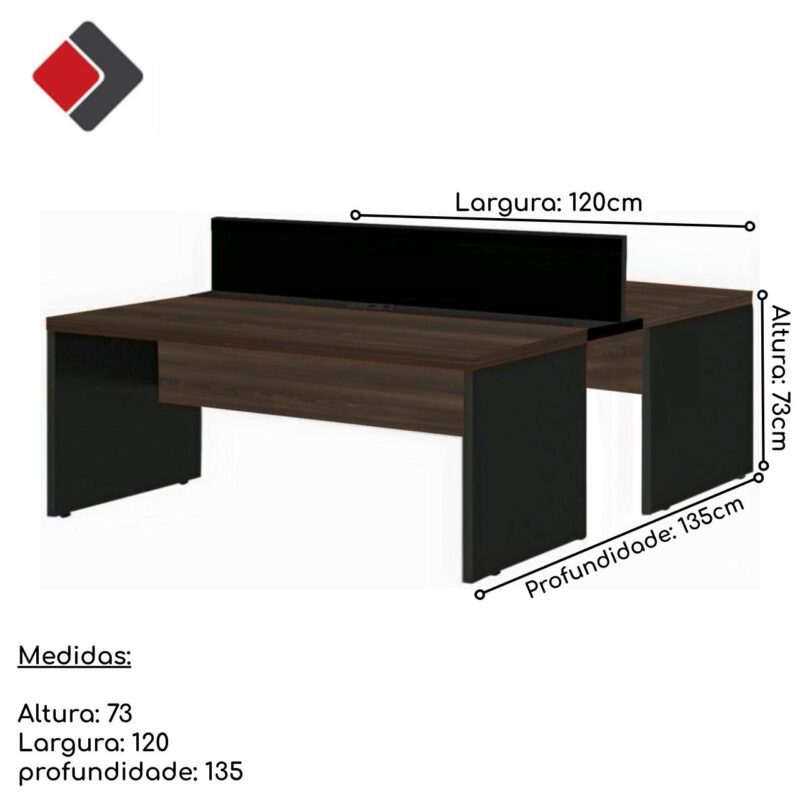 Estação de Trabalho Dupla 1,20×1,35m 02 Lugares c/ Gavetas c/ ponto de tomada MARSALA/PRETO – 63090 Móveis Única Linha 30 mm 4