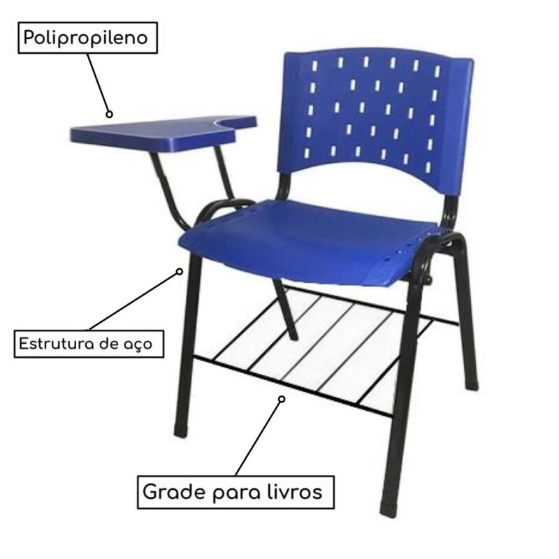 Cadeira Universitária PRANCHETA PLÁSTICA com Porta Livros – Cor Azul 32019 Móveis Única Carteira Escolar 3