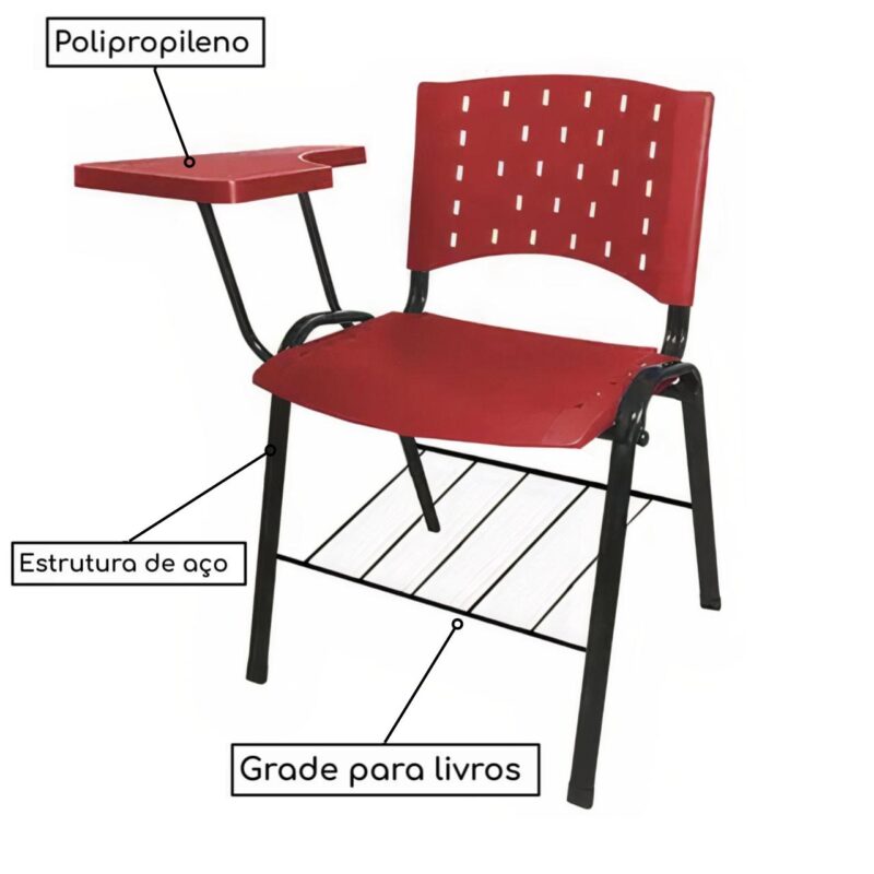 Cadeira Universitária PRANCHETA PLÁSTICA com Porta Livros – Cor Vermelho 32020 Móveis Única Carteira Escolar 3