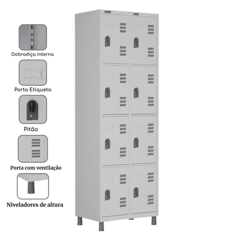 Roupeiro LOCKER de Aço c/ 08 Portas PEQUENAS – 1,90×0,64×0,40m – CZ/CZ – W3 – 11017 Móveis Única Roupeiro de Aço 4