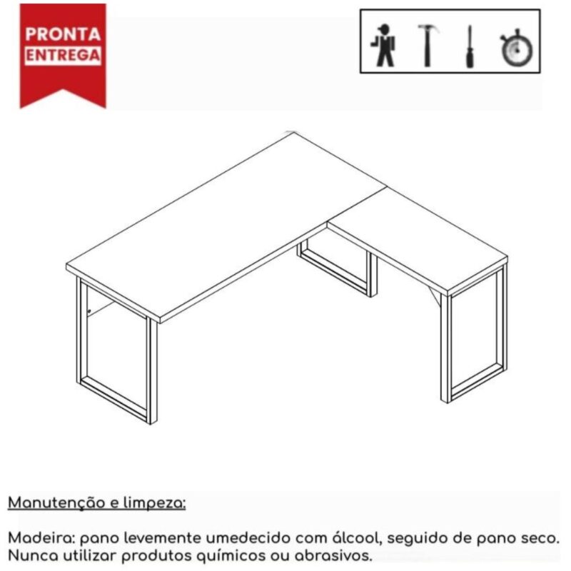 Mesa em L PÉ QUADRO (Mesa 1,70m + Mesa Auxiliar) – S/ Gavetas NOGAL SEVILHA/PRETO – 24478 Móveis Única Linha 40 mm 3