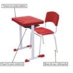 Kit Escolar Individual VERMELHO – (Mesa e Cadeira) – ADULTO – – COR VERMELHO – 40082 Móveis Única Conjunto Escolar 8