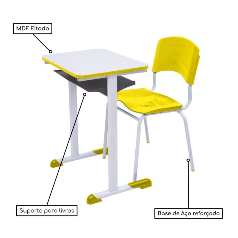 Kit Escolar Individual AMARELO – (Mesa e Cadeira) – ADULTO – MADEIRA – COR AMARELO – 40098 Móveis Única Adulto 4