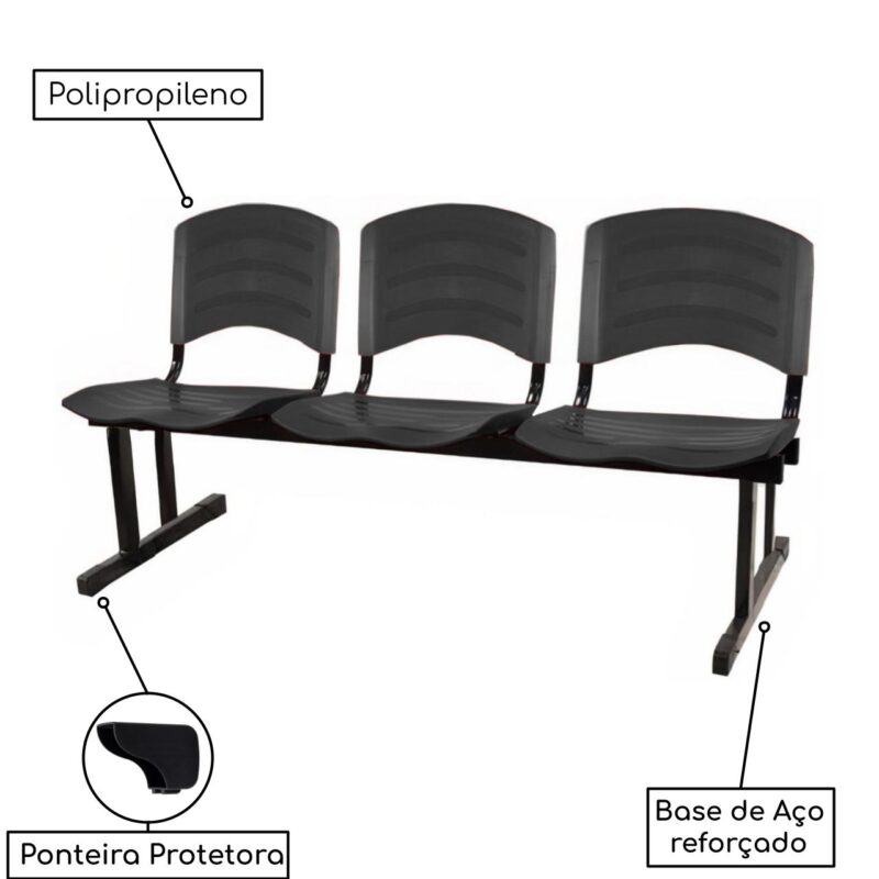 Kit 05 Cadeiras Longarinas PLÁSTICA 03 Lugares – Cor PRETO 33034 Móveis Única Longarinas 4