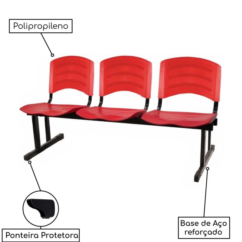 Kit 05 Cadeiras Longarinas PLÁSTICAS 03 Lugares – Cor Vermelho 33043 Móveis Única Longarinas 4