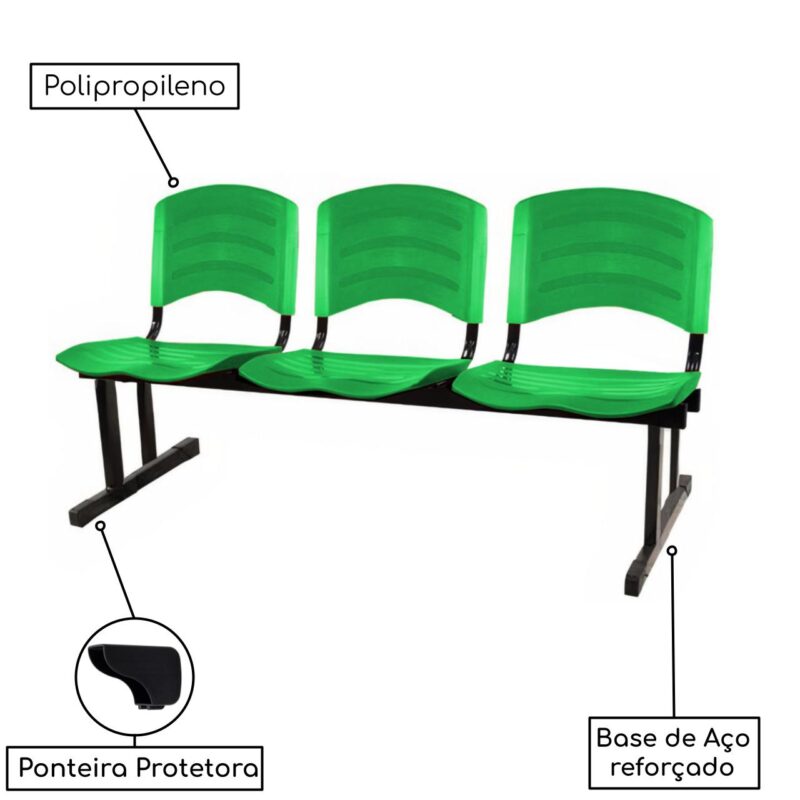 Kit 10 Cadeiras Longarinas PLÁSTICAS 03 Lugares – Cor Verde 33066 Móveis Única Longarinas 4