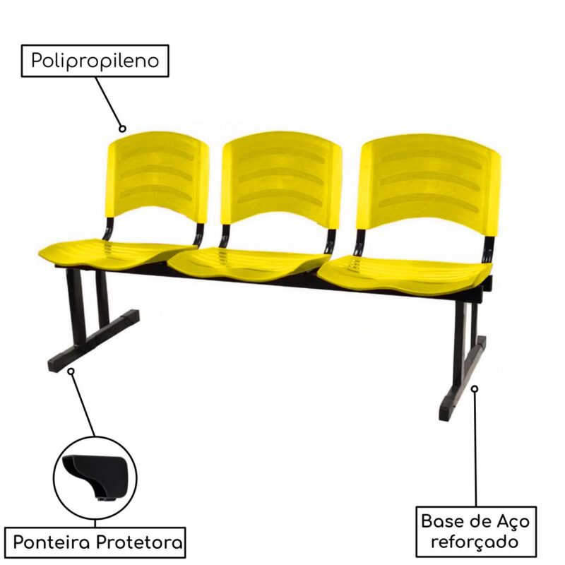 Kit 05 Cadeiras Longarinas PLÁSTICAS 03 Lugares – Cor Amarelo 33080 Móveis Única Longarinas 4