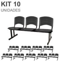 Kit 10 Cadeiras Longarinas PLÁSTICA 03 Lugares – Cor PRETO 33039 Móveis Única Longarinas