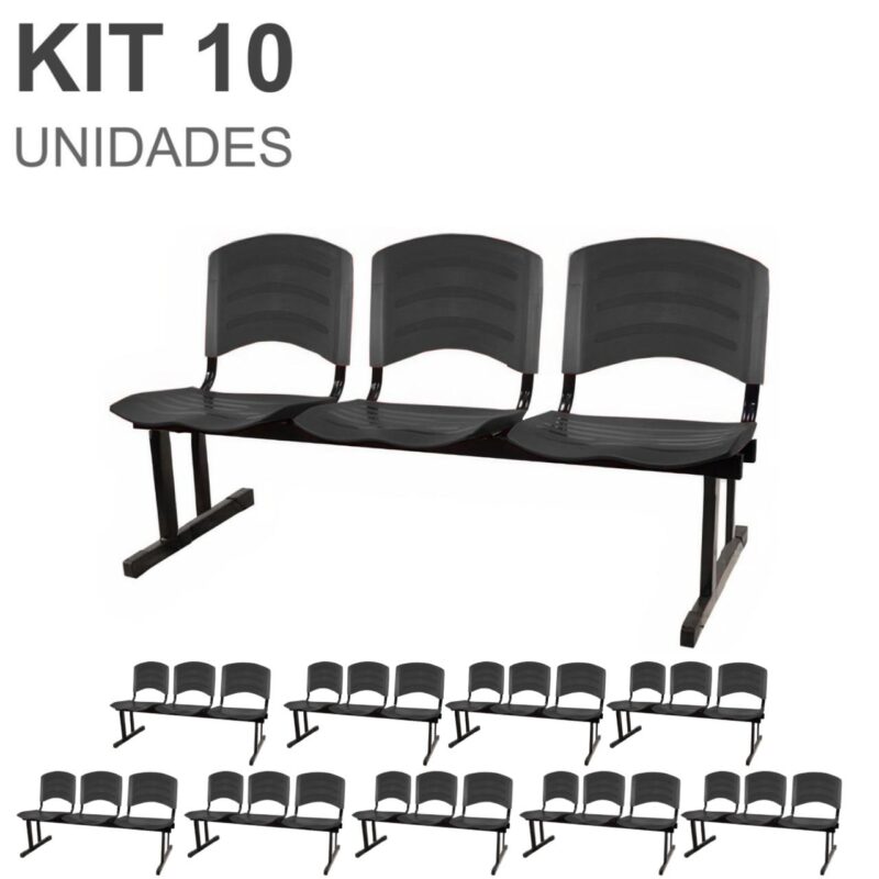 Kit 10 Cadeiras Longarinas PLÁSTICA 03 Lugares – Cor PRETO 33039 Móveis Única Longarinas 2