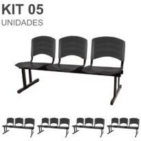 Kit 05 Cadeiras Longarinas PLÁSTICA 03 Lugares – Cor PRETO 33034 Móveis Única Longarinas