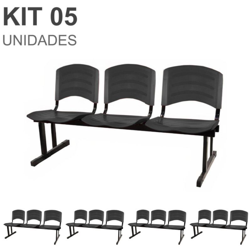 Kit 05 Cadeiras Longarinas PLÁSTICA 03 Lugares – Cor PRETO 33034 Móveis Única Longarinas 2