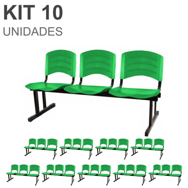 Kit 10 Cadeiras Longarinas PLÁSTICAS 03 Lugares – Cor Verde 33066 Móveis Única Longarinas 2