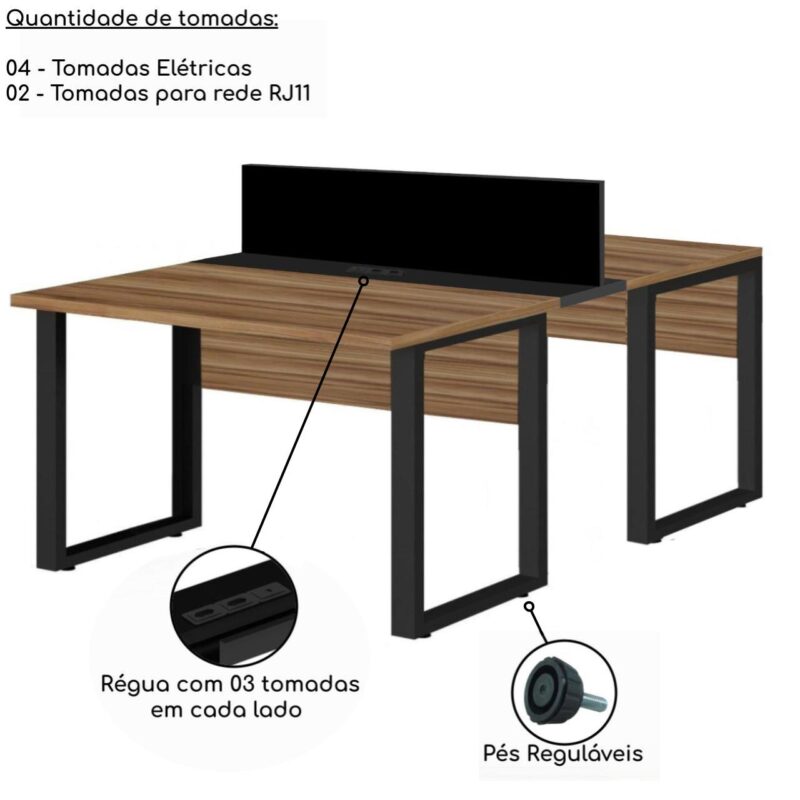 Estação de Trabalho Dupla 1,20×1,35m 02 Lugares s/ Gavetas c/ ponto de tomada PÉ QUADRO – Cor Nogal Sevilha – 63096 Móveis Única Linha 40 mm 4