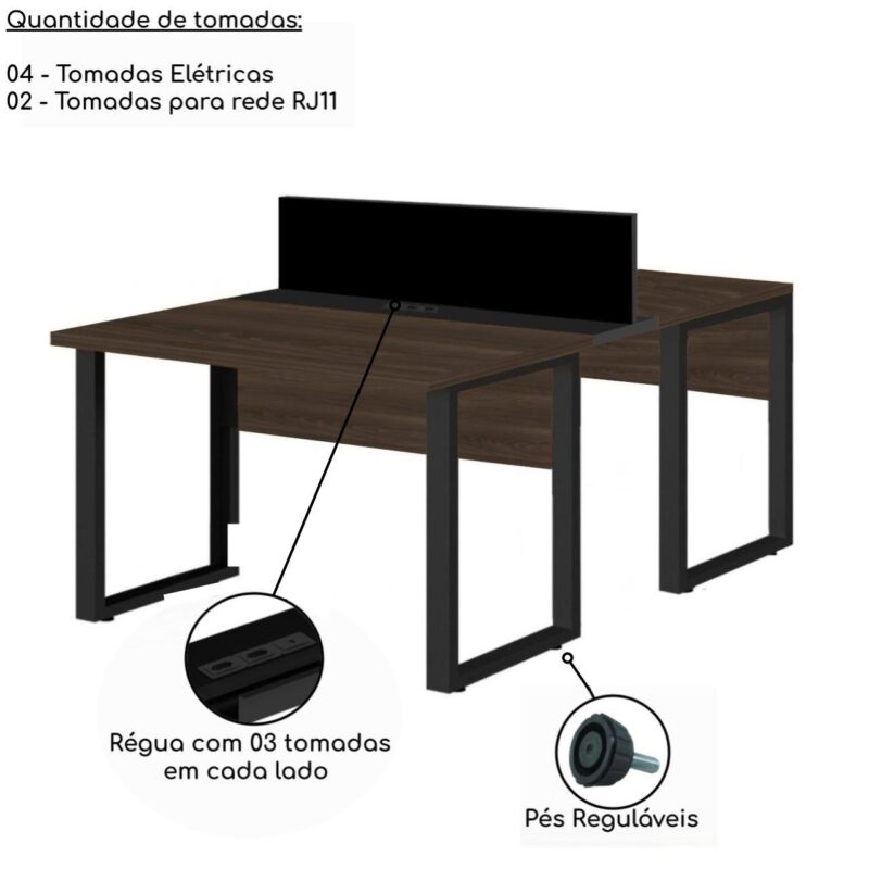 Estação de Trabalho Dupla 1,20×1,35m 02 Lugares c/ Gavetas c/ ponto de tomada PÉ QUADRO MARSALA/PRETO – 64001 Móveis Única Linha 30 mm 5