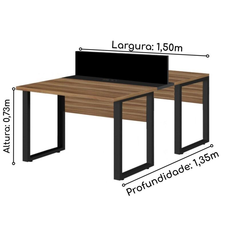 Mesa Estação de Trabalho Dupla 1,50×1,35m 02 Lugares s/ Gavetas c/ ponto de tomada PÉ QUADRO – Cor Nogal Sevilha – 63098 Móveis Única Linha 40 mm 5