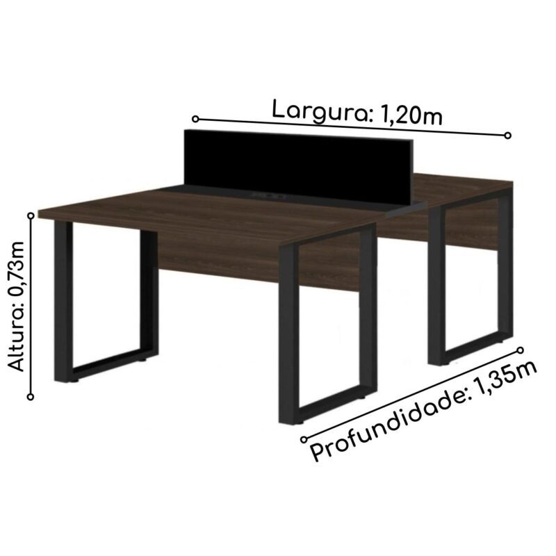 Estação de Trabalho Dupla 1,20×1,35m 02 Lugares S/ Gavetas c/ ponto de tomada PÉ QUADRO MARSALA/PRETO – 64000 Móveis Única Linha 30 mm 5