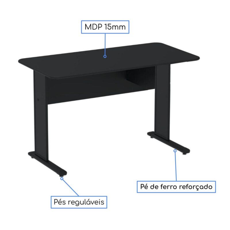 Mesa Escritório 1,20×0,60m s/ Gavetas – Cor Preto 44089 Móveis Única Linha 15 mm 4