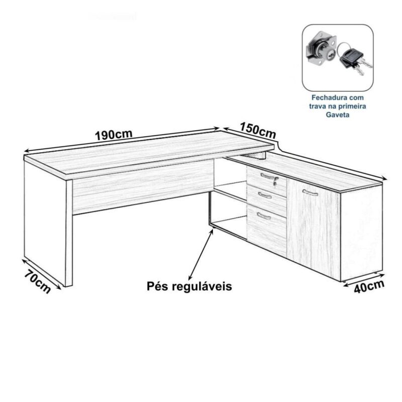 Mesa Diretorzinha c/ vidro c/ Aparador – Pé de MADEIRA – 1,90×1,50m – WORKSTART – MARSALA/PRETO – 23428 Móveis Única Linha 30 mm 3