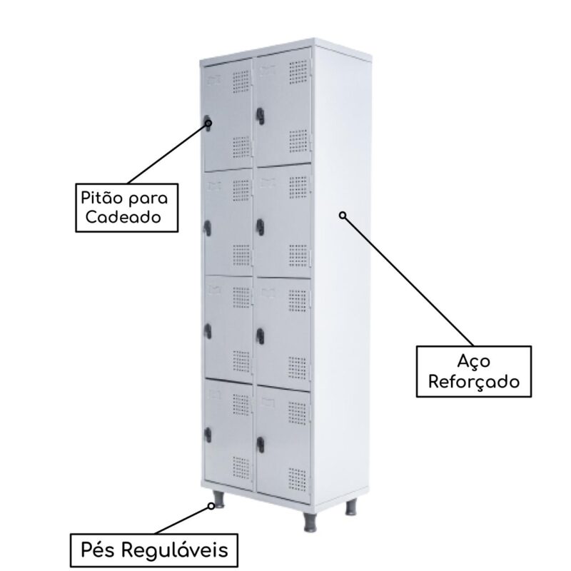 Armário Roupeiro de Aço c/ 08 Portas PEQUENAS 1,95×0,62×0,40m – SA – Cinza – 14002 Móveis Única Roupeiro de Aço 3