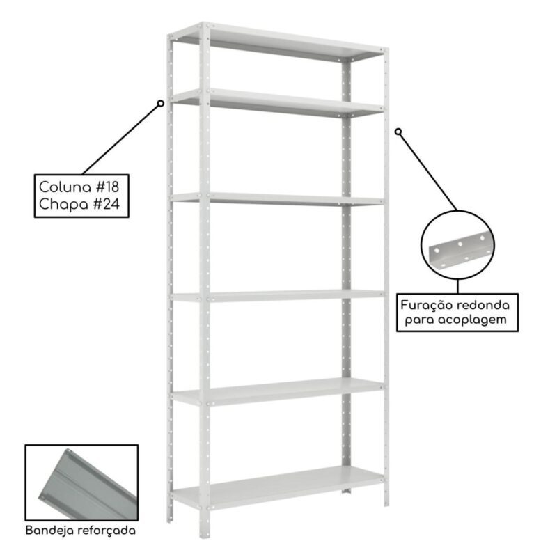 Estante de Aço com 06 Bandejas 30 cm (24/18) – 1,98×0,92×0,30m – Cinza – SA – 16014 Móveis Única Estante de Aço 6