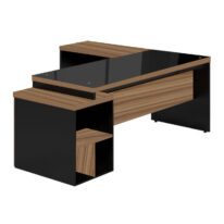 Mesa para Escritório em “L” com VIDRO FUMÊ – 1,92X1,60M NOGAL SEVILHA/PRETO – 21407 Móveis Única Linha 40 mm