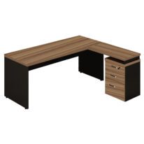 Mesa Escritório em “L” c/ Gaveteiro 1,50×1,50m NOGAL SEVILHA/PRETO – 21416 Móveis Única Linha 40 mm