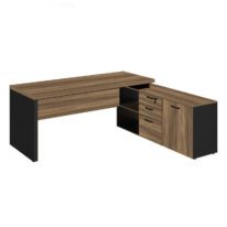 Mesa Diretorzinha c/ Aparador – Pé de MADEIRA – 1,90×1,50mNOGAL SEVILHA / PRETO – 21426 . Móveis Única Linha 40 mm