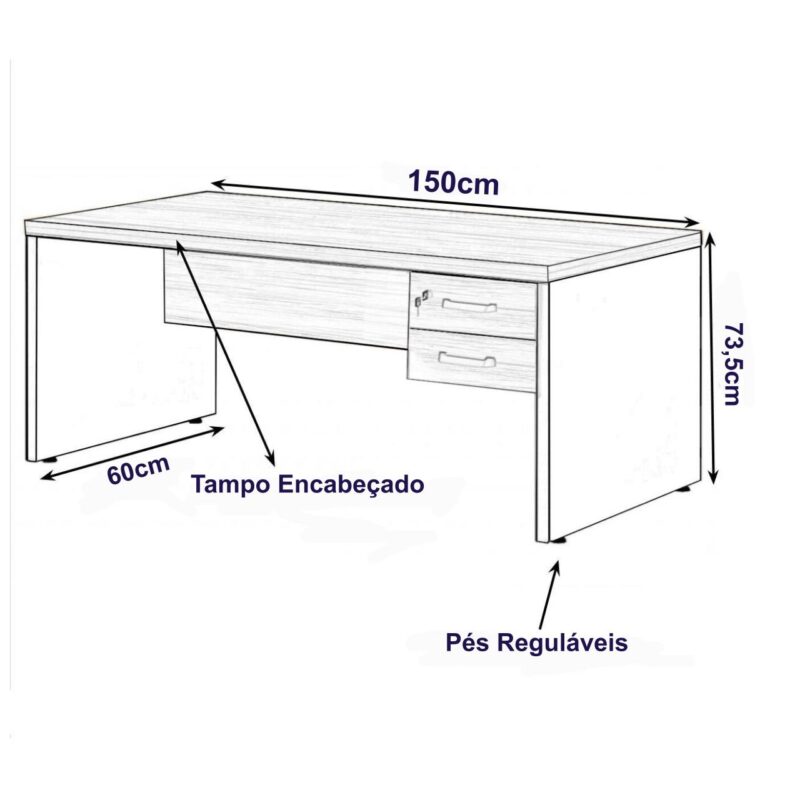 Mesa de Escritório com Gavetas 1,50×0,60m NOGAL SEVILHA/PRETO – 21473 Móveis Única Linha 40 mm 3