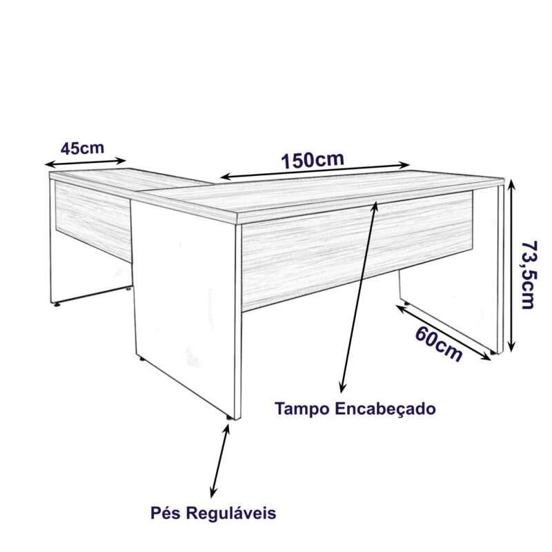 Mesa de Escritório em L (Mesa 1,50m + Mesa Auxiliar) – Sem Gavetas NOGAL SEVILHA/PRETO – 21476 Móveis Única Linha 40 mm 3