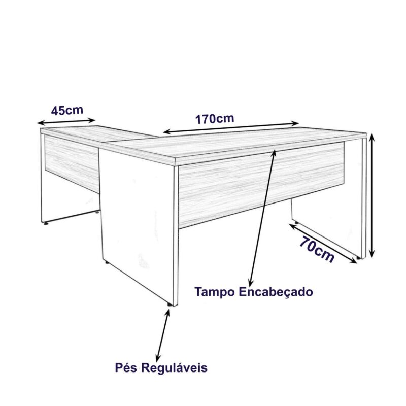 Mesa Escritório em L Mesa 1,70m + Mesa Auxiliar 02 Gavetas Nogal Sevilha / Preto 21479 Móveis Única Linha 40 mm 3