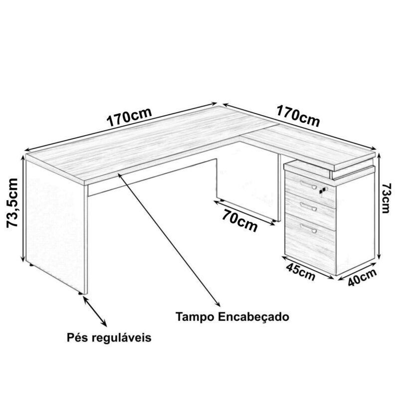 Mesa Escritório em “L” c/ Gaveteiro 1,70×1,60m NOGAL SEVILHA/PRETO – 21423 Móveis Única Linha 40 mm 4